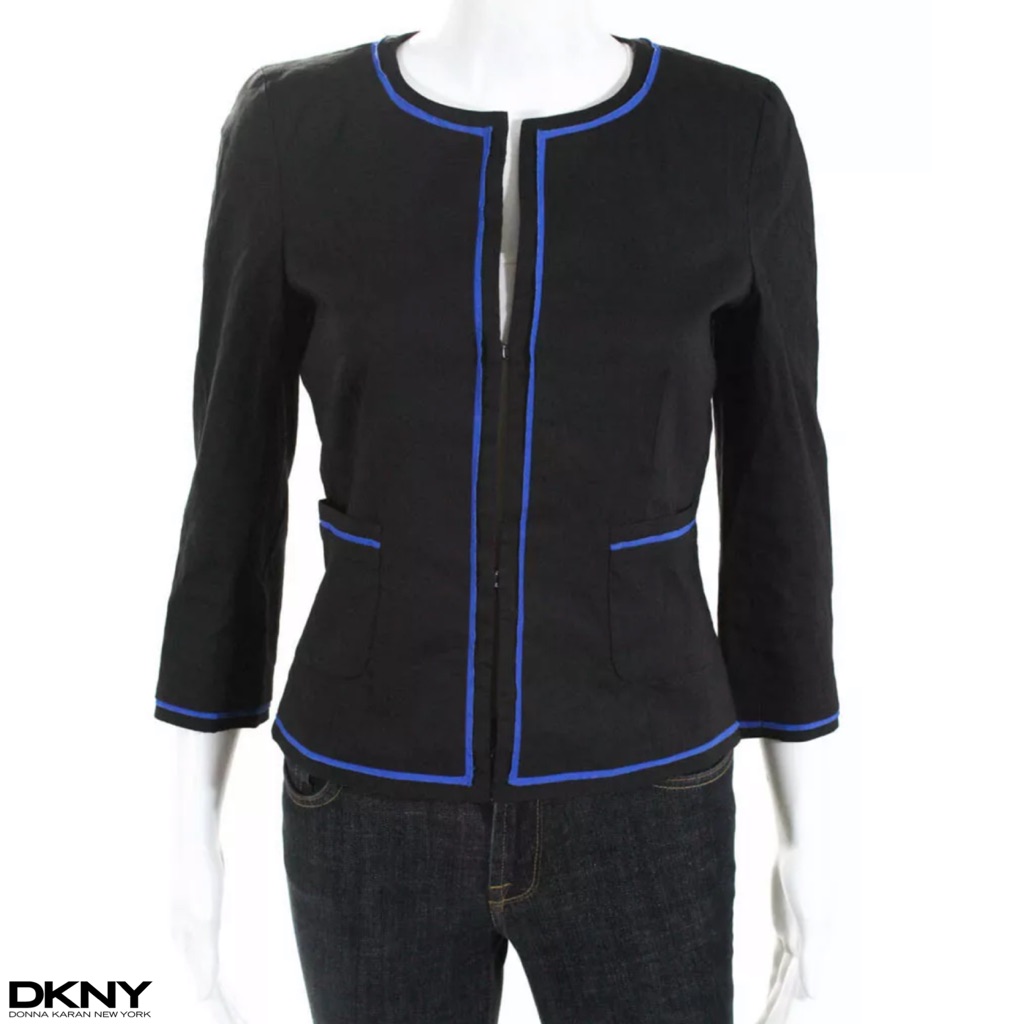 Dkny Classy Black/Blue Trimmed 3/4 Sleeve Blazer